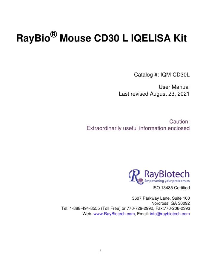 RayBio® Mouse CD30 L IQELISA Kit 使用手册