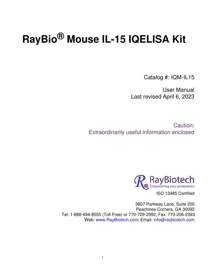 RayBio® Mouse IL-15 IQELISA Kit使用手册