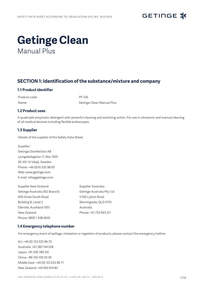 Getinge Clean Manual Plus 酶清洁剂