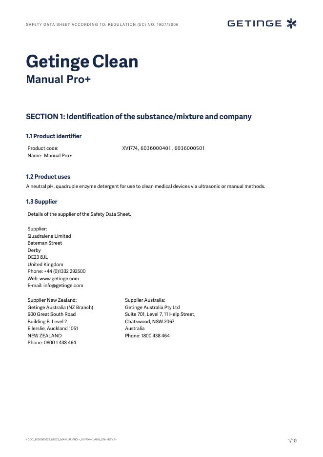 Getinge Clean Manual Pro+安全数据表