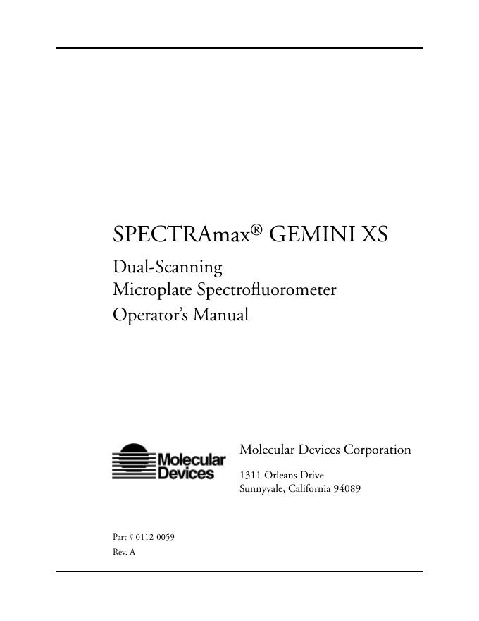 SPECTRAmax GEMINI XS Dual-Scanning Microplate Spectroﬂuorometer操作手册