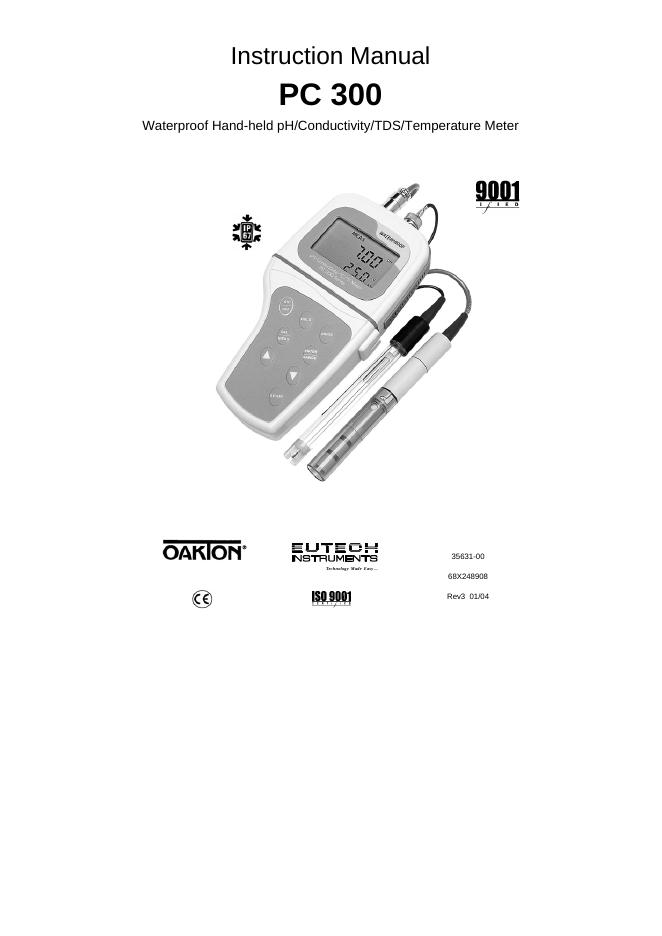 Eutech Instruments PC 300 Waterproof Hand-held pH/Conductivity/TDS/Temperature Meter Instruction Manual