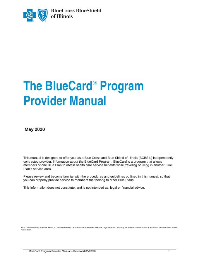 BlueCard Program Provider Manual-Reviewed 05/28/20