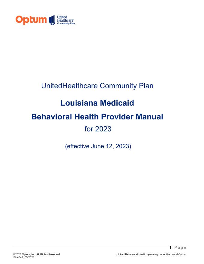 联合健康医疗社区计划路易斯安那州医疗补助行为健康提供商手册