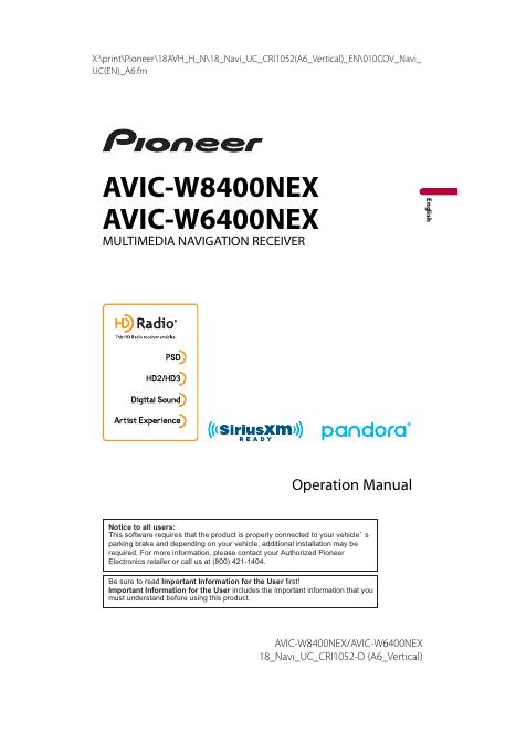 Pioneer AVIC-W8400NEX AVIC-W6400NEX多媒体导航接收机使用手册