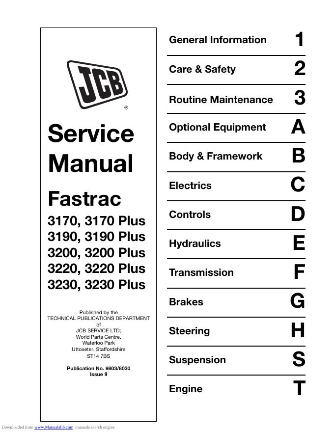 JCB Fastrac 3170,3190,3200,3220,3230系列农业拖拉机服务手册