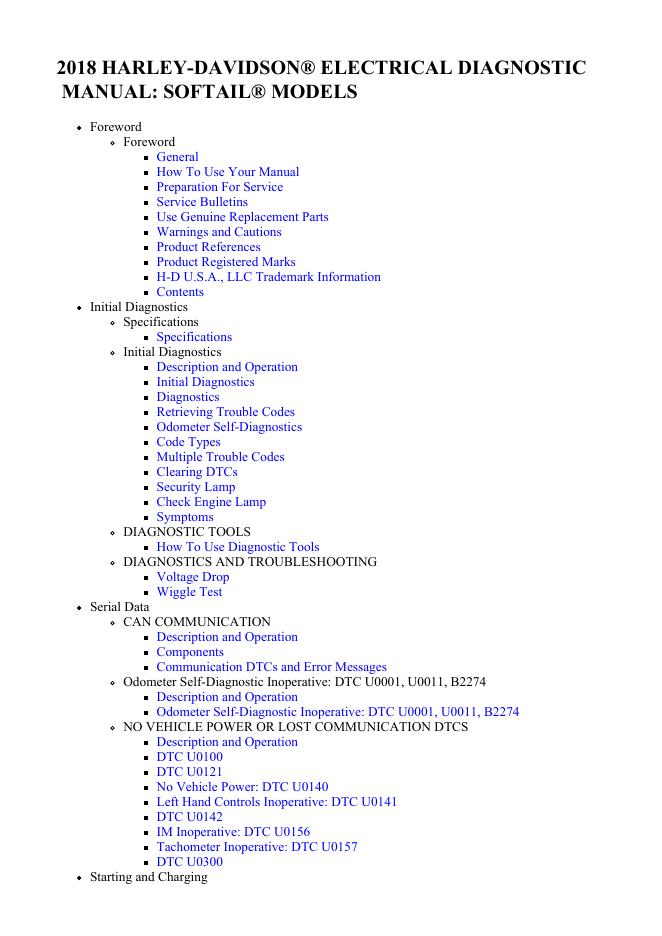 2018 哈雷戴维森® 电气诊断手册：Softail® 车型