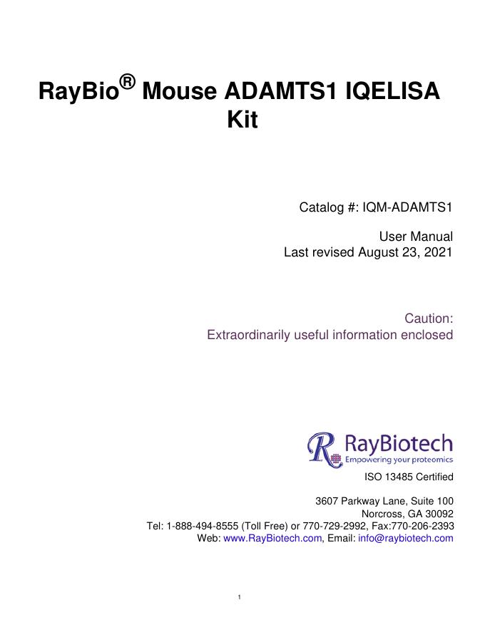 RayBio® Mouse ADAMTS1 IQELISA Kit 用户手册