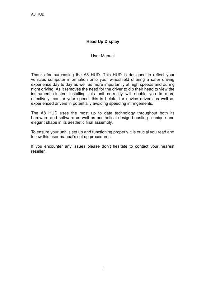 A8 HUD 抬头显示器用户手册