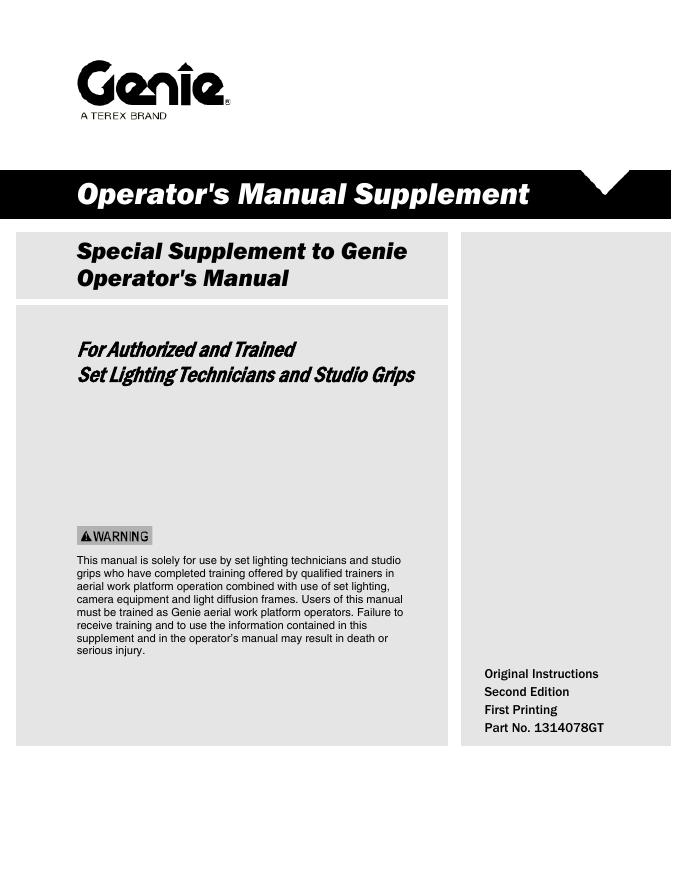 Genie Operator's Manual Supplement For Authorized and Trained Set Lighting Technicians and Studio Grips