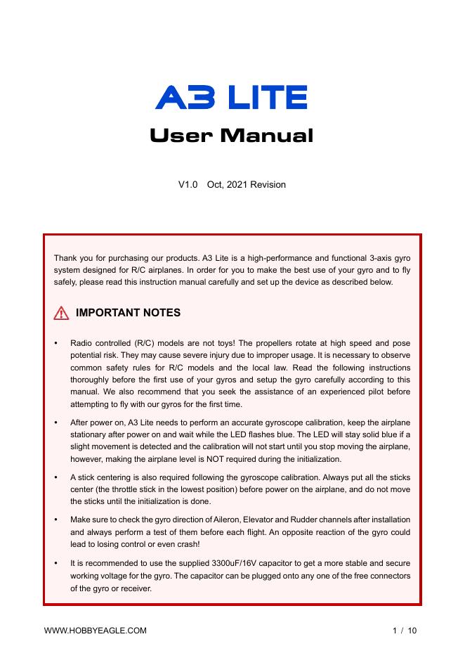 A3 Lite 3轴陀螺仪系统使用手册