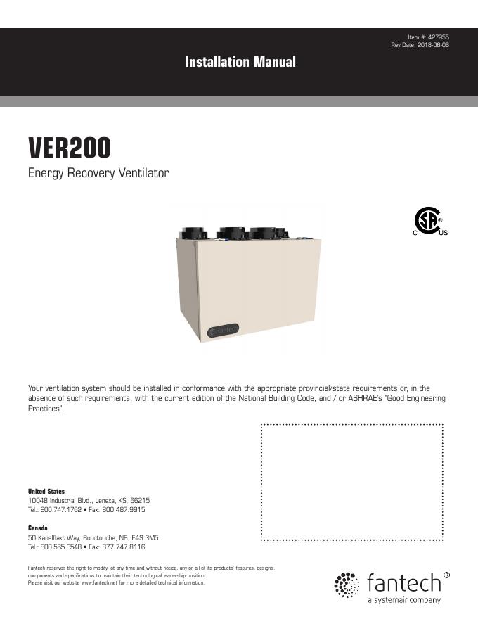 VER200能量回收通风机安装手册