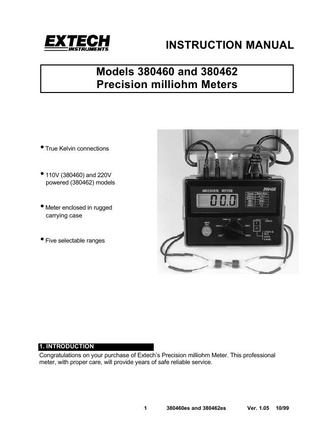 Extech 380460es和380462es准确微欧姆表使用手册