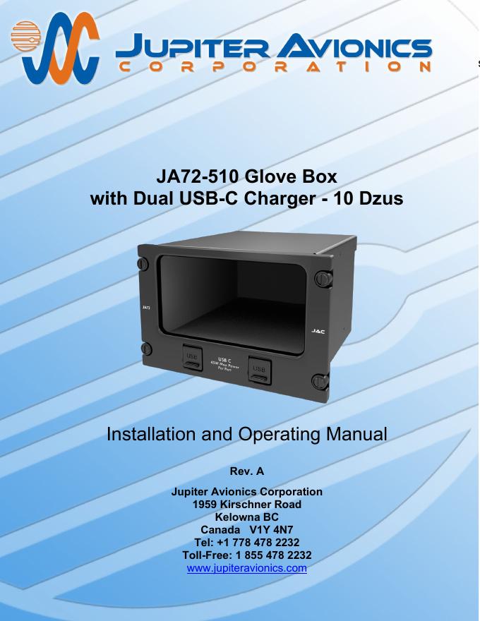 Jupiter Avionics JA72-005 Glove Box with Dual USB-C Charger-10 Dzus 安装和使用手册