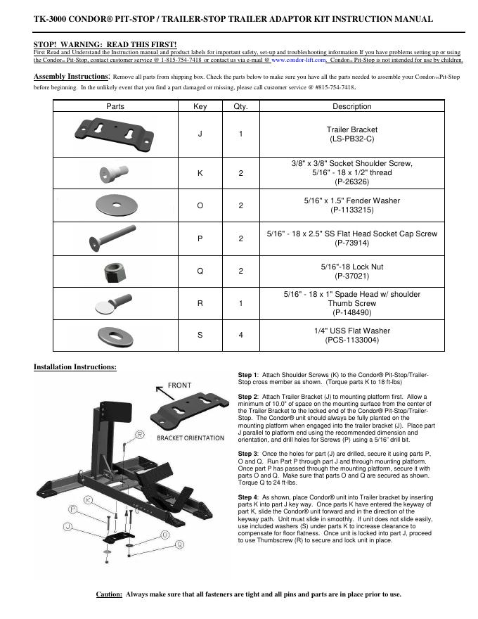 TK-3000 CONDOR® PIT-STOP/TRAILER-STOP TRAILER ADAPTOR KIT INSTRUCTION MANUAL