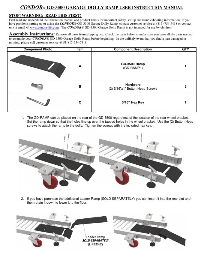 CONDOR® GD-3500 GARAGE DOLLY RAMP用户手册