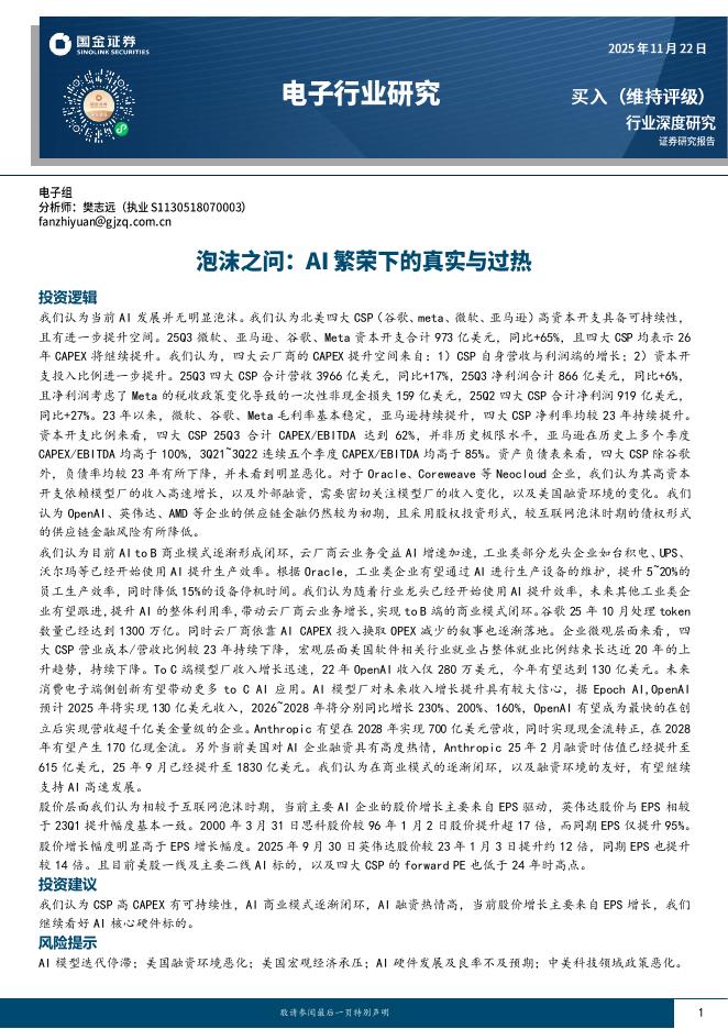 国金证券：电子行业研究：泡沫之问：AI繁荣下的真实与过热海报