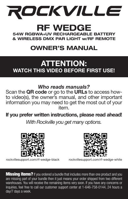 Rockville RF WEDGE 54W RGBWA+UV 充电电池和无线 DMX 平面灯
