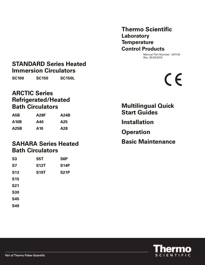 Thermo Scientific Laboratory Temperature Control Products STANDARD Series Heated Immersion Circulators SC100 SC150 SC150L ARCTIC Series Refrigerated/Heated Bath Circulators A5B A28F A24B A10B A40 A25 A25B A10 A28 SAHARA Series Heated Bath Circulators S3 S