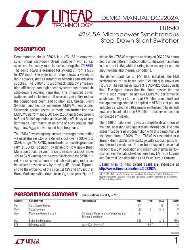 DC2202A 42V,5A 微功率同步降压静音开关器电路设计演示板