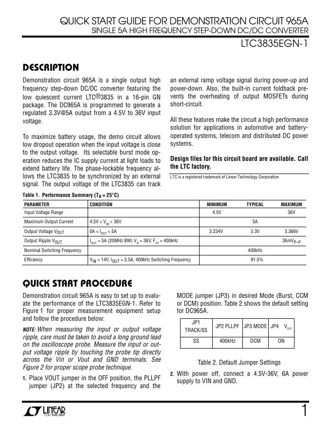 DC965A 单输出高频降压DC/DC转换器