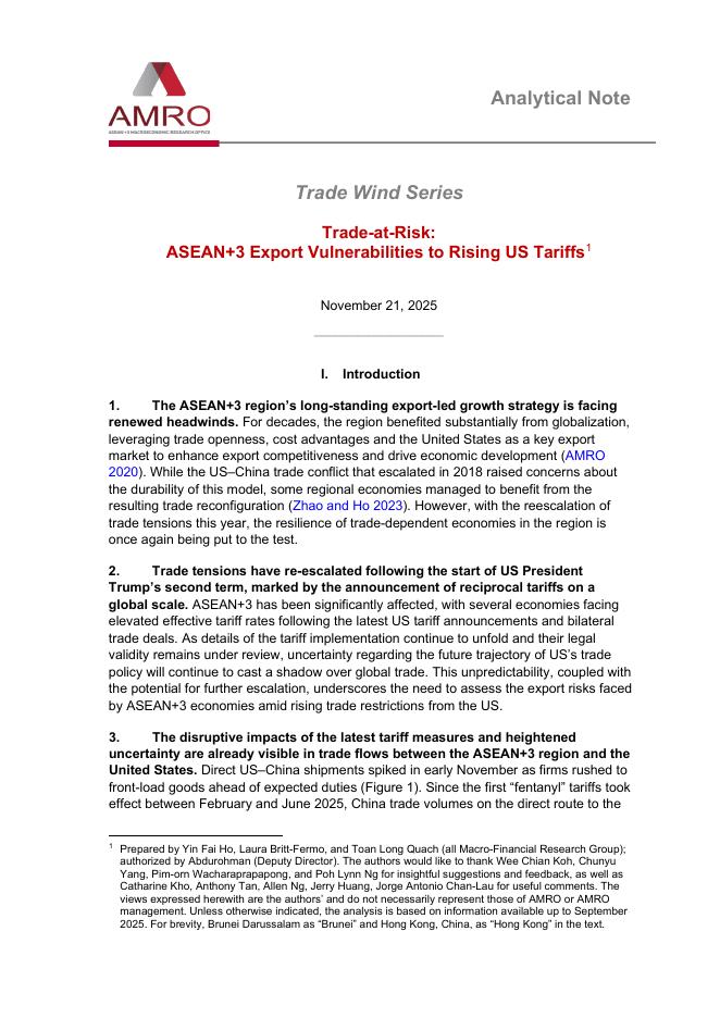AMRO：2025年风险贸易：东盟+3面对美国关税上升的出口脆弱性报告（英文版）海报
