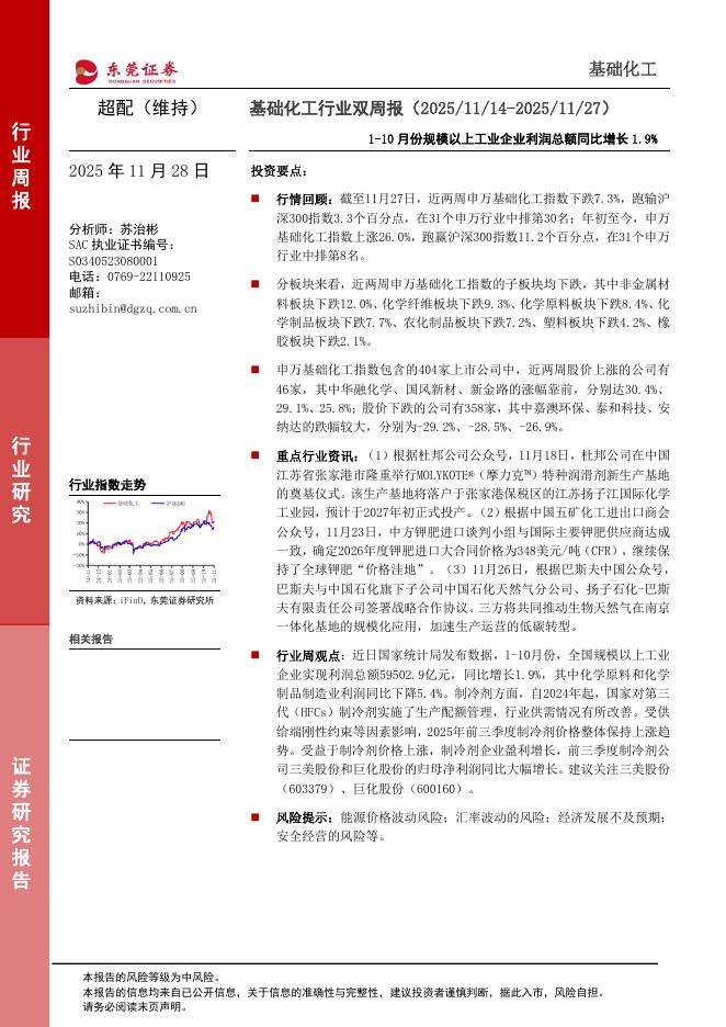 东莞证券：基础化工行业双周报：1-10月份规模以上工业企业利润总额同比增长1.9%海报