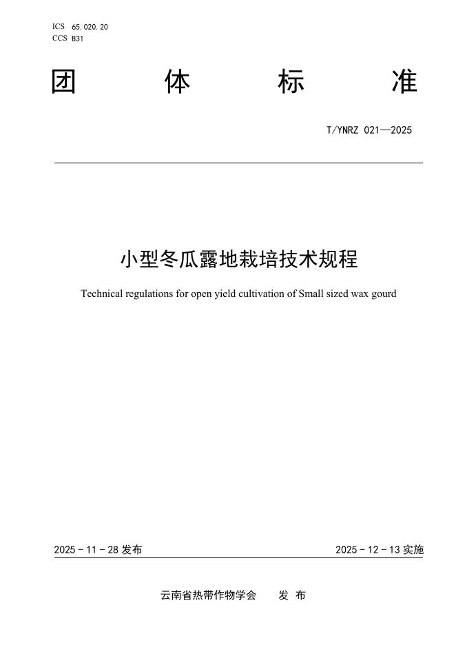 T/YNRZ 021-2025 小型冬瓜露地栽培技术规程