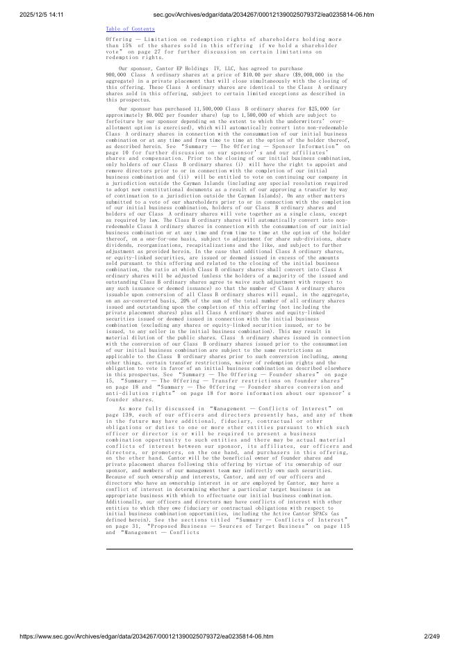 Cantor Equity Partners IV, Inc.美股纳斯达克IPO上市招股说明书_第2页