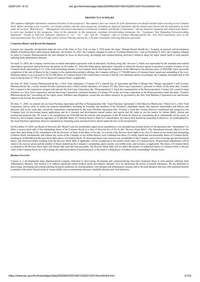 Curanex Pharmaceuticals Inc美股纳斯达克IPO上市招股说明书_第3页