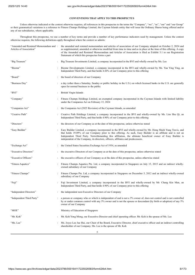 Fitness Champs Holdings Limited美股纳斯达克IPO上市招股说明书_第8页