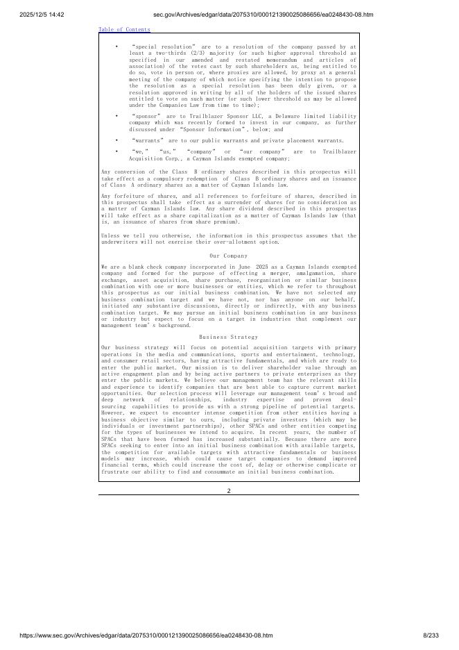 Trailblazer Acquisition Corp.美股纳斯达克IPO上市招股说明书_第8页
