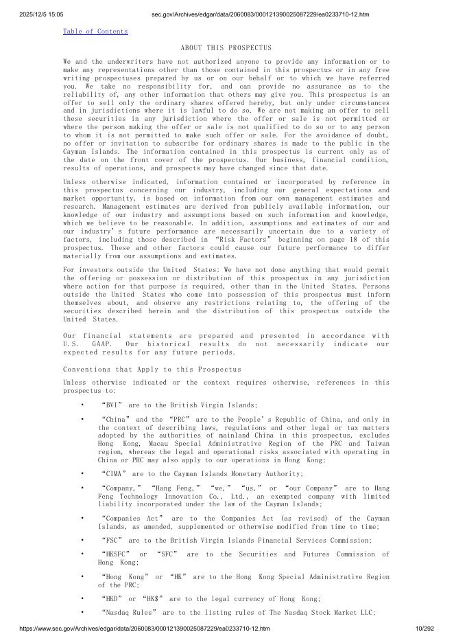 Hang Feng Technology Innovation Co., Ltd.美股纳斯达克IPO上市招股说明书_第10页