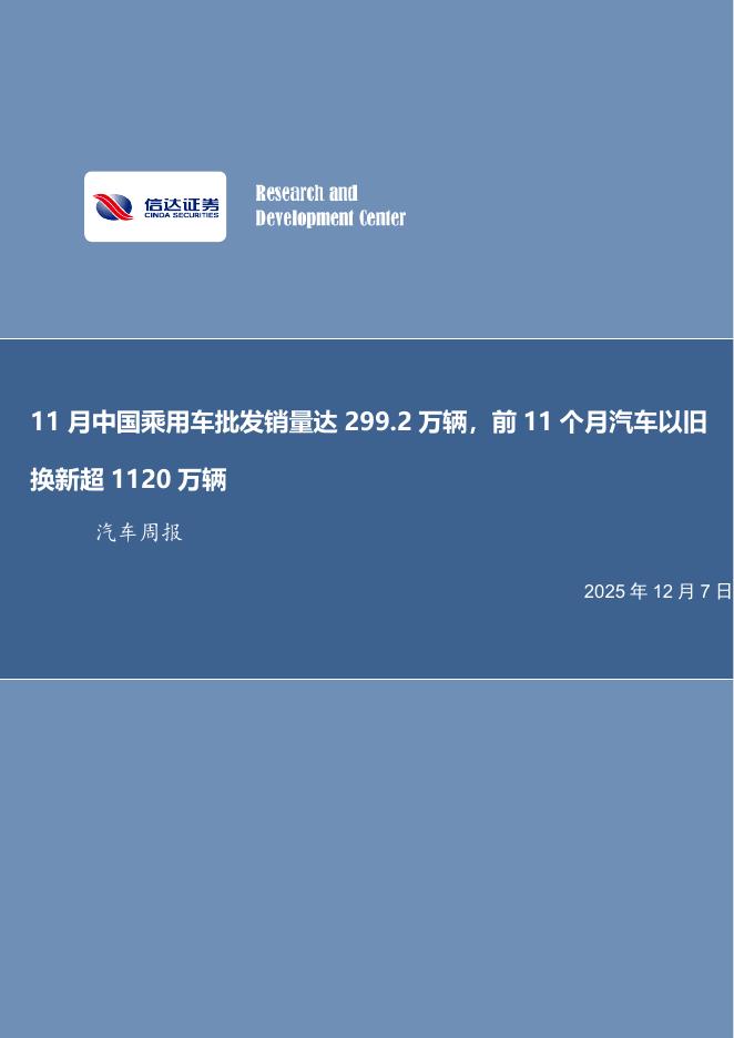 信达证券：汽车行业周报：11月中国乘用车批发销量达299.2万辆，前11个月汽车以旧换新超1120万辆海报