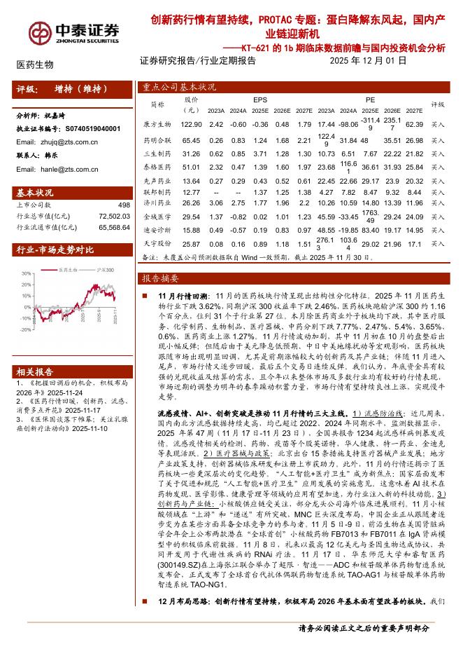 中泰证券：创新药行情有望持续，PROTAC专题:蛋白降解东风起，国内产业链迎新机海报