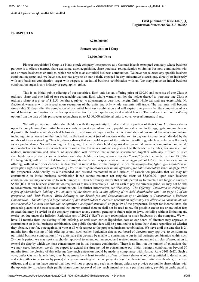 Pioneer Acquisition I Corp美股纳斯达克IPO上市招股说明书_第1页