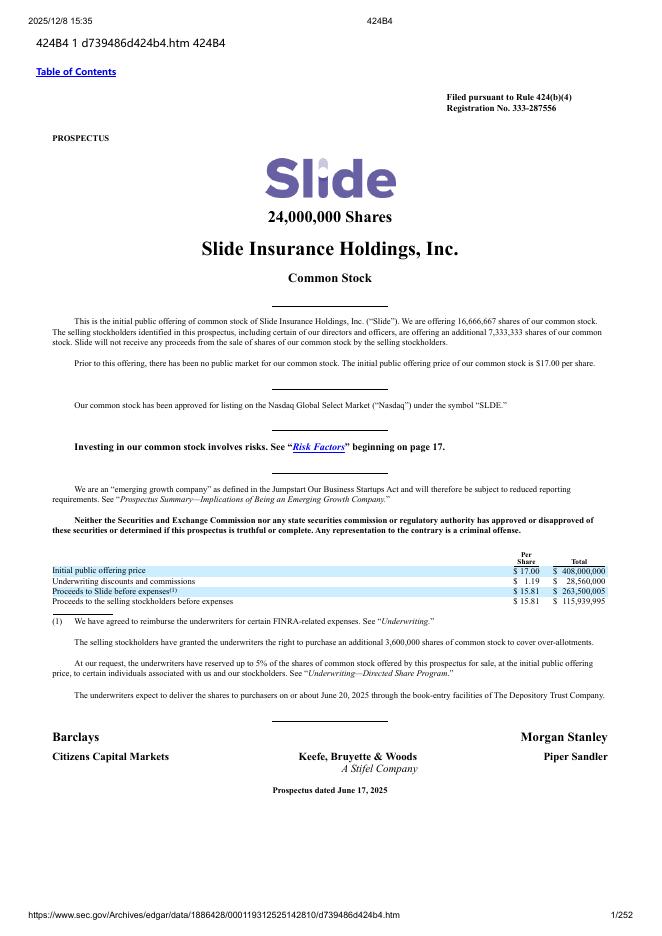 Slide Insurance Holdings, Inc.美股纳斯达克IPO上市招股说明书_第1页