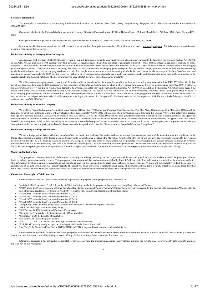 Enigmatig Limited纽约证券交易所IPO上市招股说明书_第6页