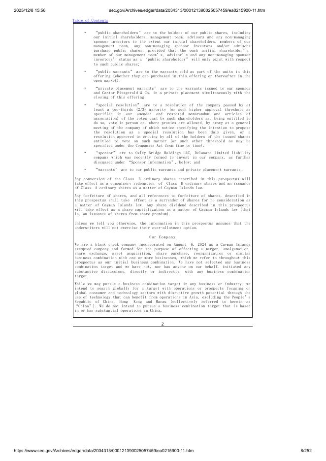 Oxley Bridge Acquisition Limited美股纳斯达克IPO上市招股说明书_第8页