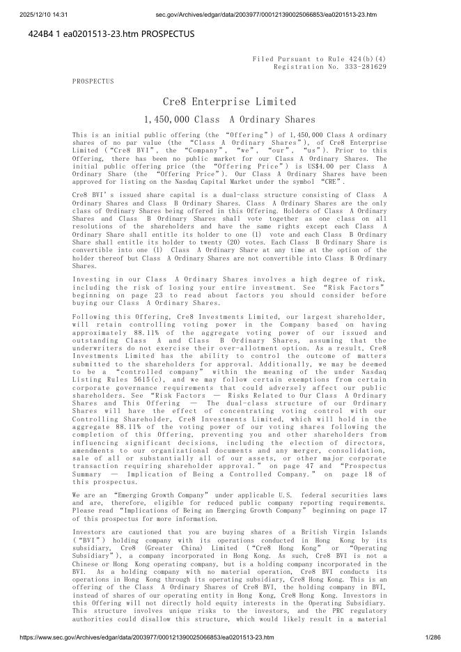 Cre8 Enterprise Limited美股纳斯达克IPO上市招股说明书_第1页