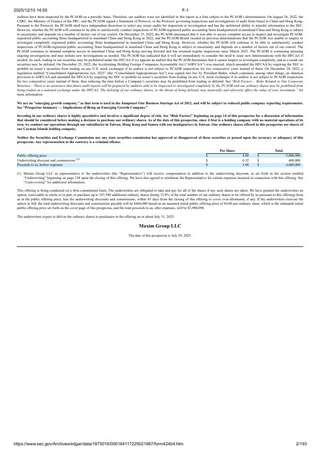 J-Star Holding Co., Ltd.美股纳斯达克IPO上市招股说明书_第2页