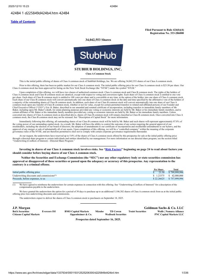 StubHub Holdings, Inc.纽约证券交易所IPO上市招股说明书_第1页
