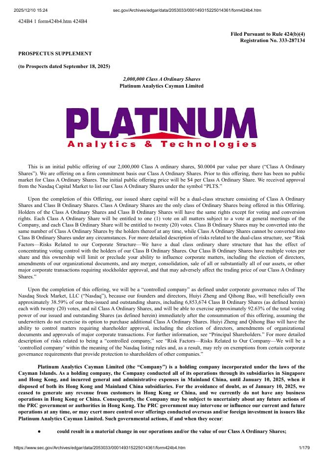 Platinum Analytics Cayman Limited美股纳斯达克IPO上市招股说明书_第1页