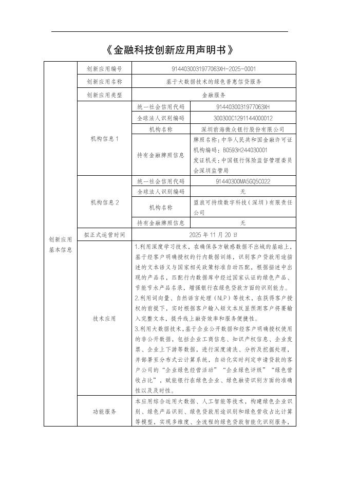 金融科技创新应用声明书：基于大数据技术的绿色普惠信贷服务海报