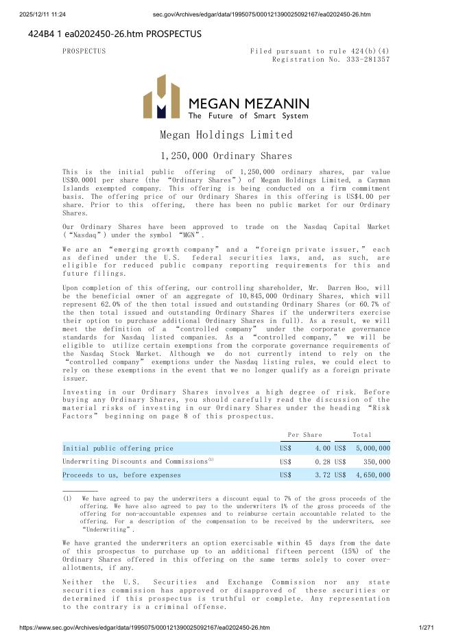 Megan Holdings Limited美股纳斯达克IPO上市招股说明书海报