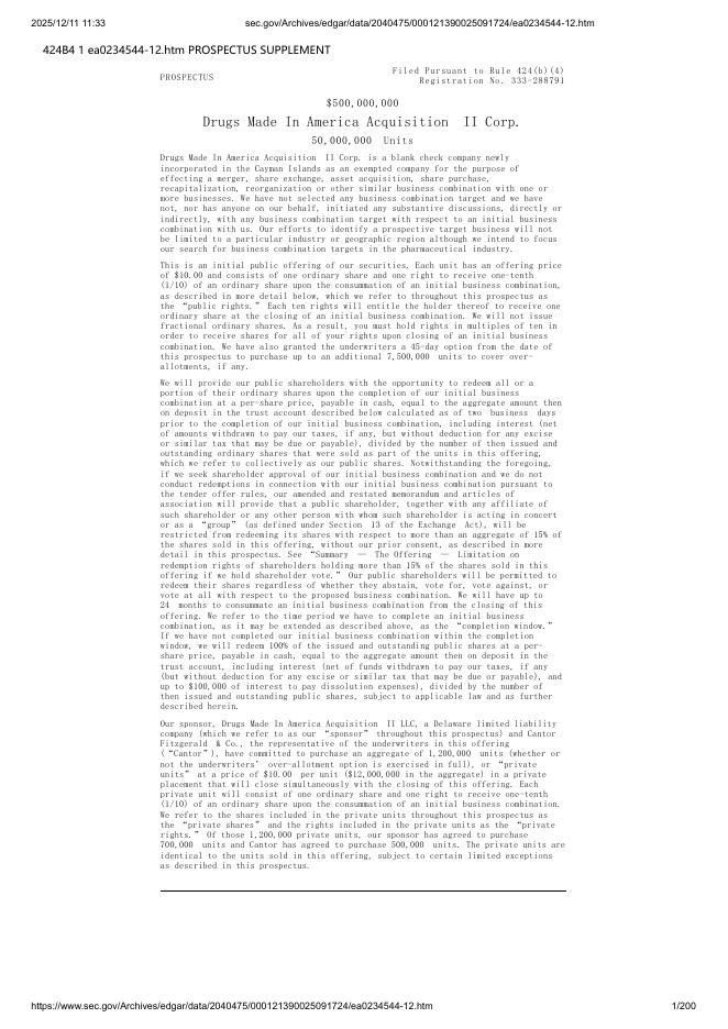 Drugs Made In America Acquisition II Corp.美股纳斯达克IPO上市招股说明书