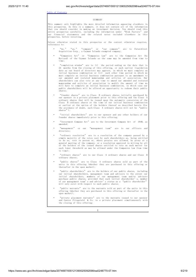 FutureCrest Acquisition Corp.纽约证券交易所IPO上市招股说明书_第6页