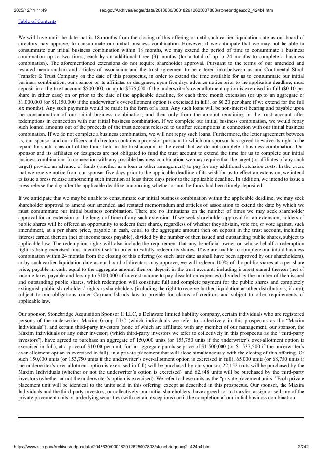 StoneBridge Acquisition II Corporation美股纳斯达克IPO上市招股说明书_第2页