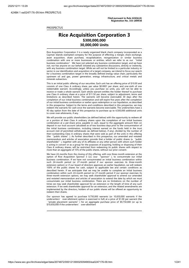 Rice Acquisition Corporation 3纽约证券交易所IPO上市招股说明书