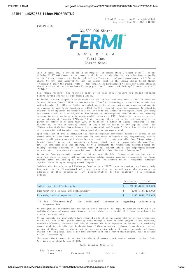 Fermi Inc美股纳斯达克IPO上市招股说明书.